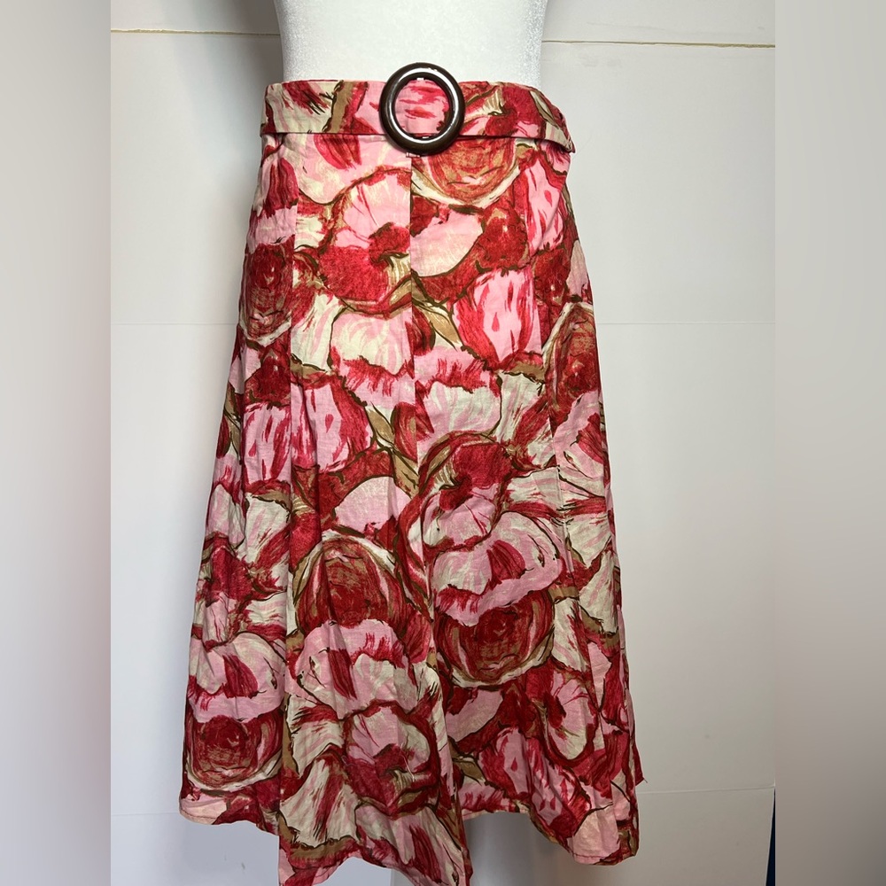 Portrait Pink Floral Midi Skirt Belted A Line Cottagecore Romantic Size 8